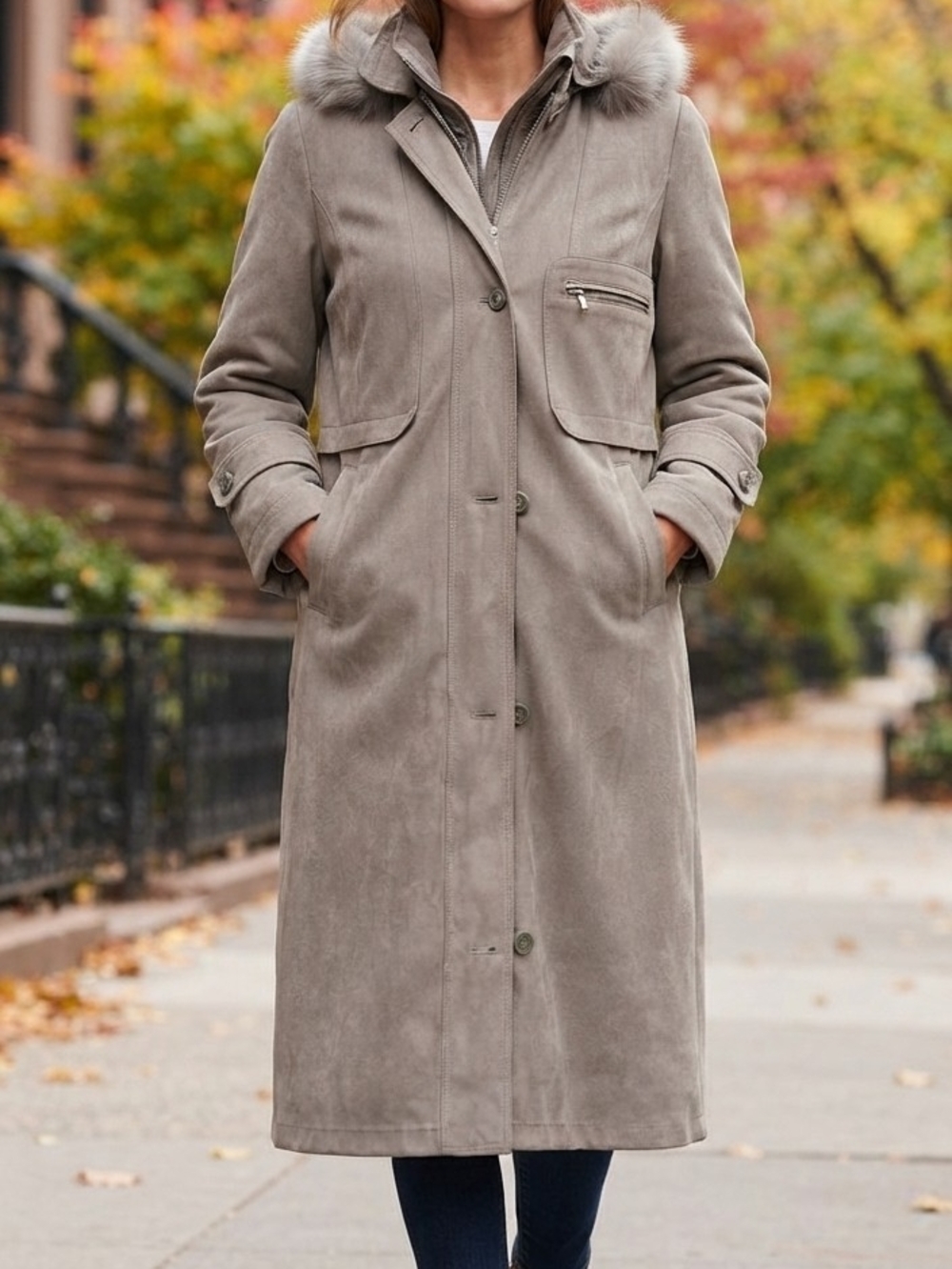 Women's Long Hooded Coat with Fur Trim